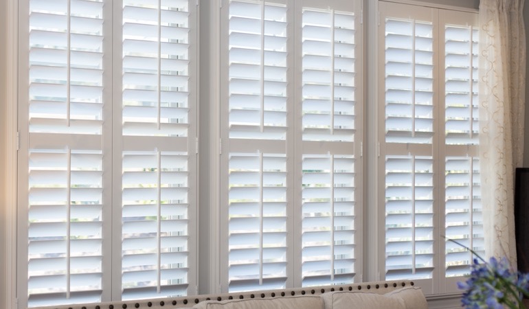 Faux wood plantation shutters in Cleveland